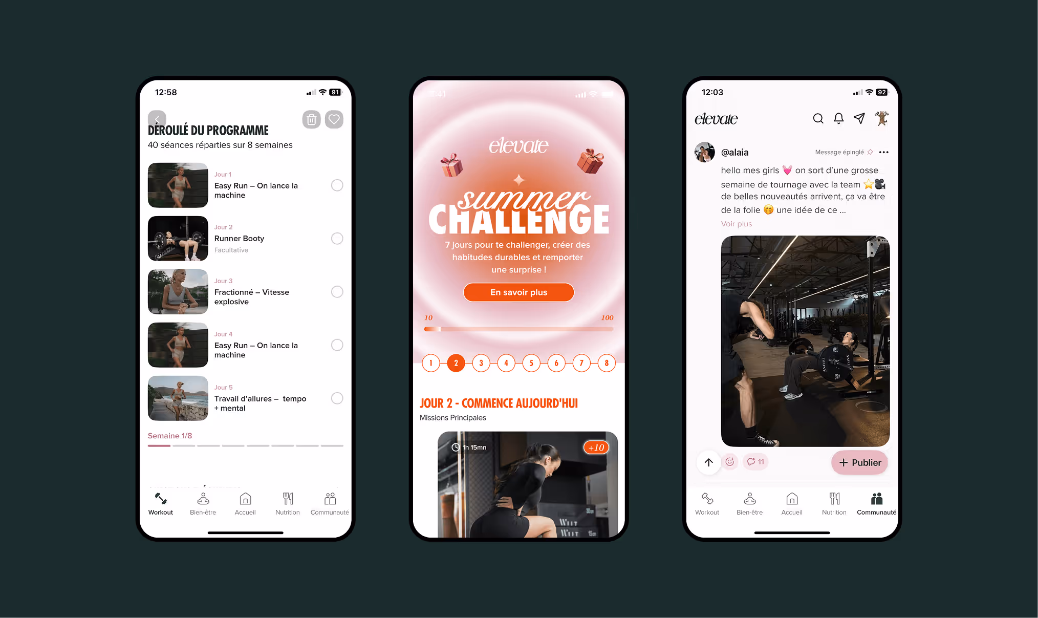 Community- und Content-Screens der Elevate App