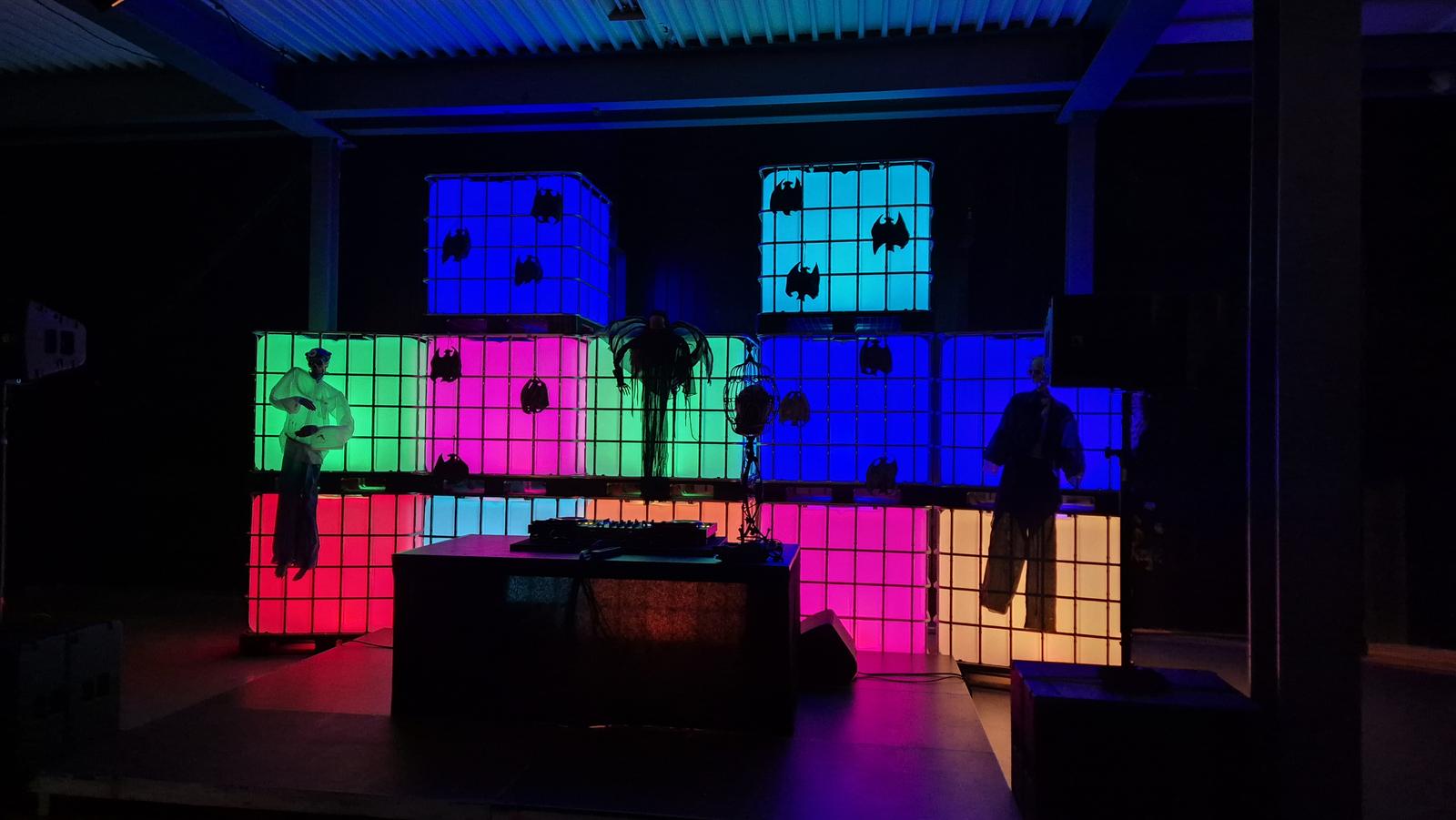 Glowing LED stage set at the SMG Nightmare Before Christmas winter event in Hall 622 Zurich